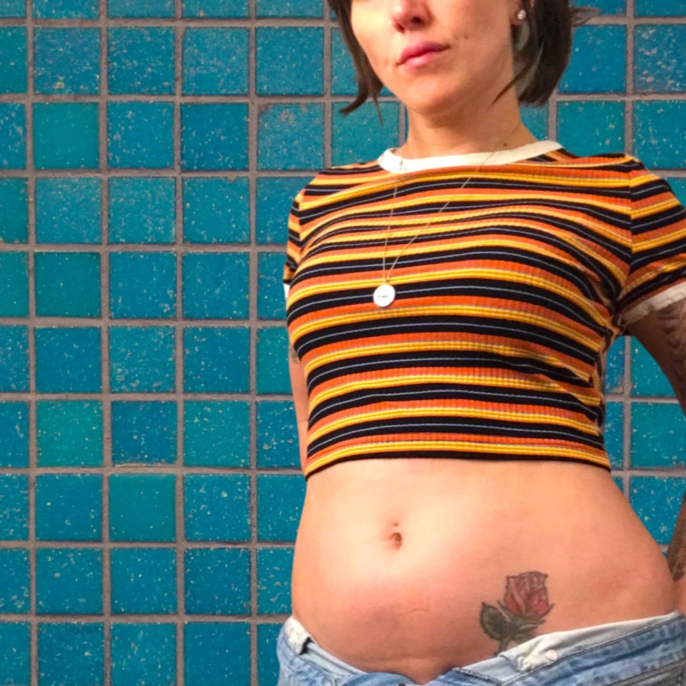 Orange/blue/brown/ white Striped short sleeve crop top